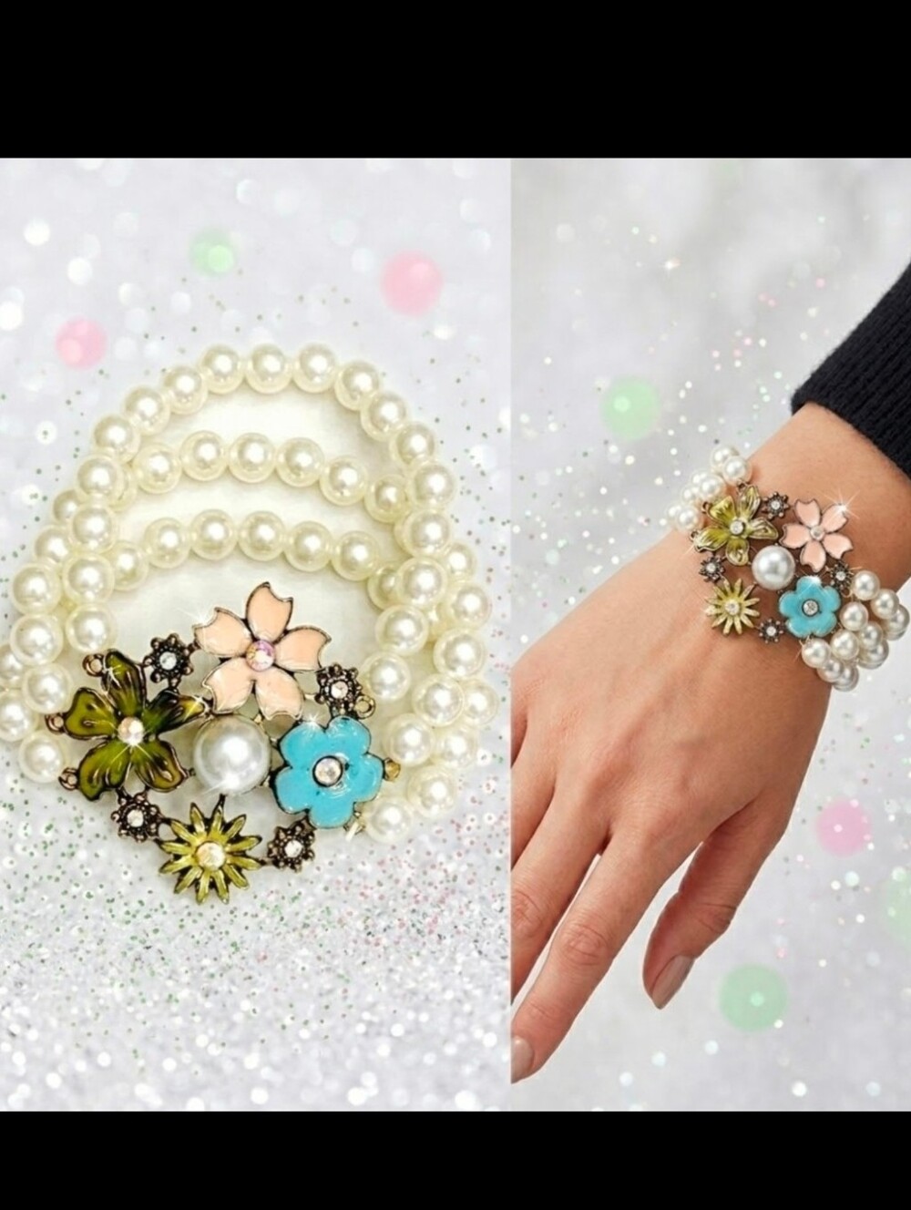 Gold Crystal faux pearl flower bracelet